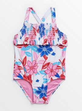 Pink Floral Print Smocked Swimsuit 12 years