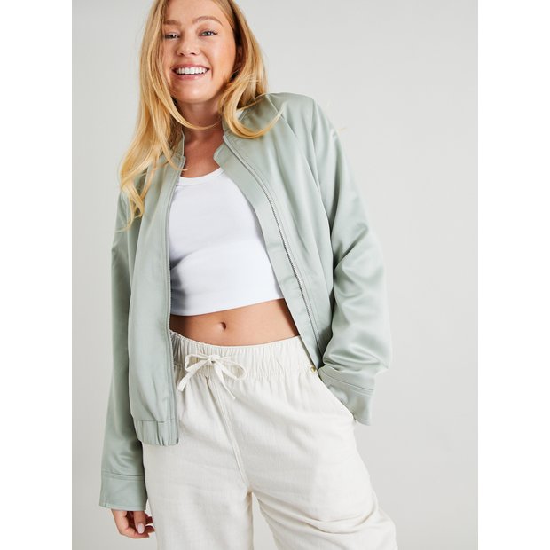 Green satin hotsell bomber jacket womens