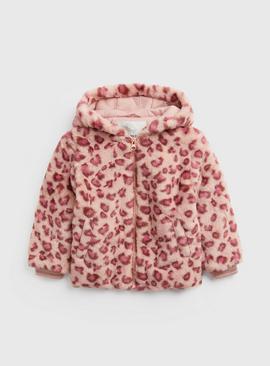 Pink Leopard Print Faux Fur Coat 