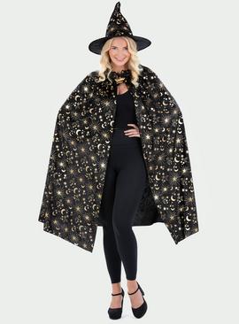 Adults Black Moon & Star Witches Cape & Hat One Size
