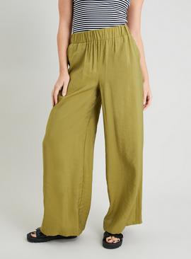 Dark Lime Crinkled Wide Leg Trousers With TENCEL™ Modal