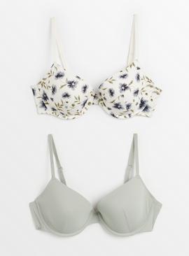 A-GG Blue Floral & Sage Green Underwired T-Shirt Bra 2 Pack 