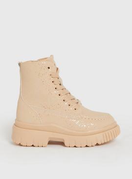 Neutral Iridescent Lace Up Boots 