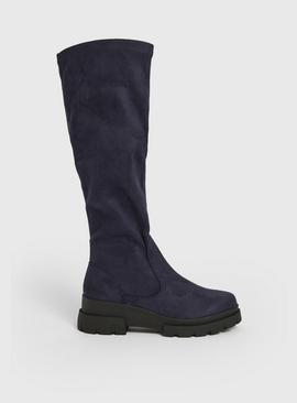 Navy Faux Suede Long Wedge Boots 4