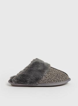 Grey Leopard Suede Mule Slippers With Faux Fur 