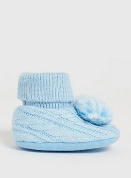 Blue Cable Knit Pom Pom Booties 