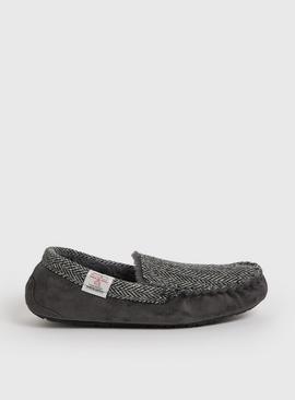 Grey Harris Tweed Moccasin Slippers 