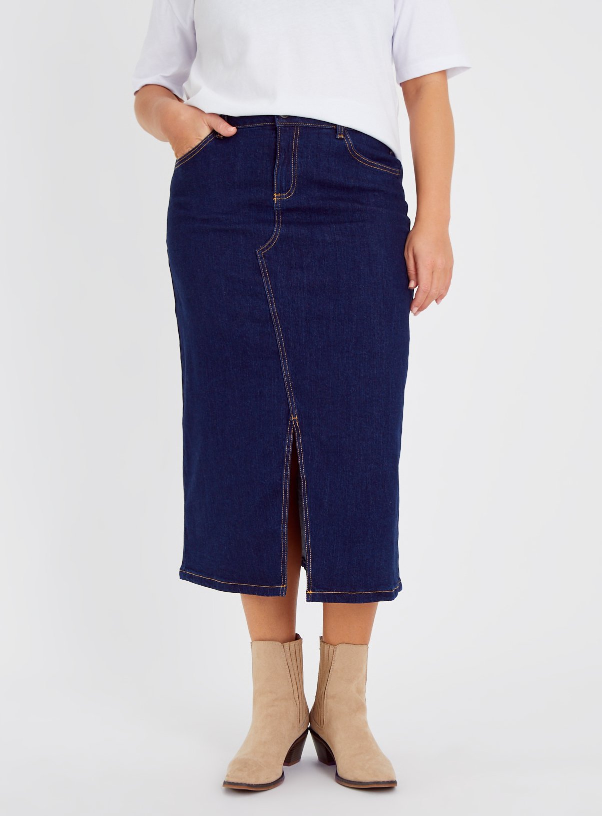 Denim A-Line Midi Skirt