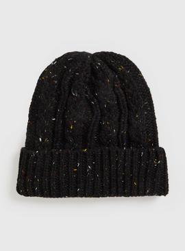 Black Cable Knit Neppy Yarn Coord Beanie Hat One Size