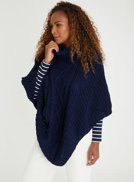 Navy Cowl Neck Cable Knit Poncho One Size One Size