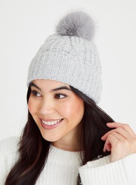 Grey Cable Knit Pom Pom Beanie Hat One Size