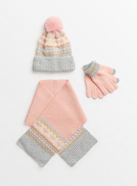 Pink Fairisle Hat, Gloves & Scarf Set 