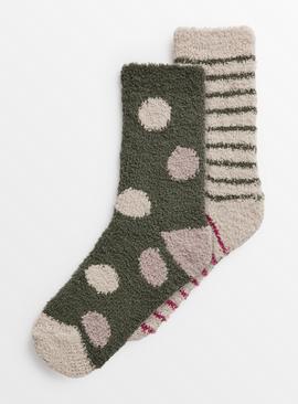 Khaki Spots & Grey Stripes Cosy Socks 2 Pack 4-8