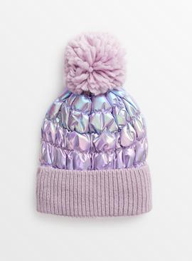 Lilac Iridescent Quilted Pom Pom Hat 
