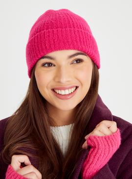 Pink Rib Knit Beanie Hat One Size
