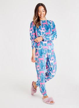 Teal & Pink Reindeer Print Slinky Fleece Pyjamas 