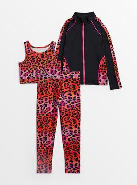 3-Piece Pink & Black Leopard Print Active Set 