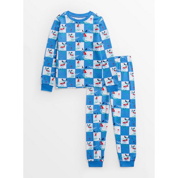 Buy Blue & White Check Waffle Skiing Moose Pyjamas 4-5 years