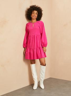 EVERBELLE Pink High Neck Short Corduroy Tiered  Dress 