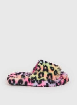 Pink Leopard Faux Fur Mule Slippers 