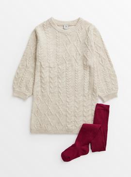 Oatmeal Patchwork Knitted Dress & Tights Set 