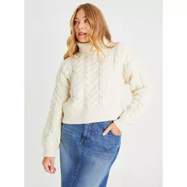 Cropped Roll Neck Cable Knit Jumper