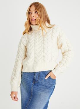 Cropped Roll Neck Cable Knit Jumper 