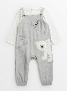 Grey Animal Faces Knitted Dungarees Set 3-6 months