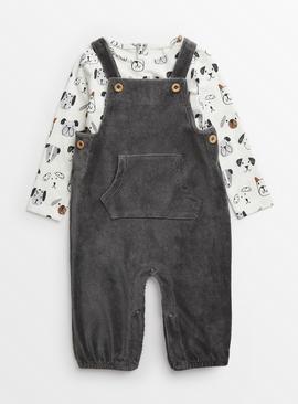 Grey Cord Dungarees & Dog Print Bodysuit 