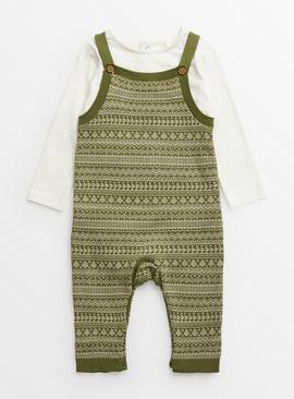 Khaki Fair Isle Knitted Dungarees & Bodysuit 9-12 months