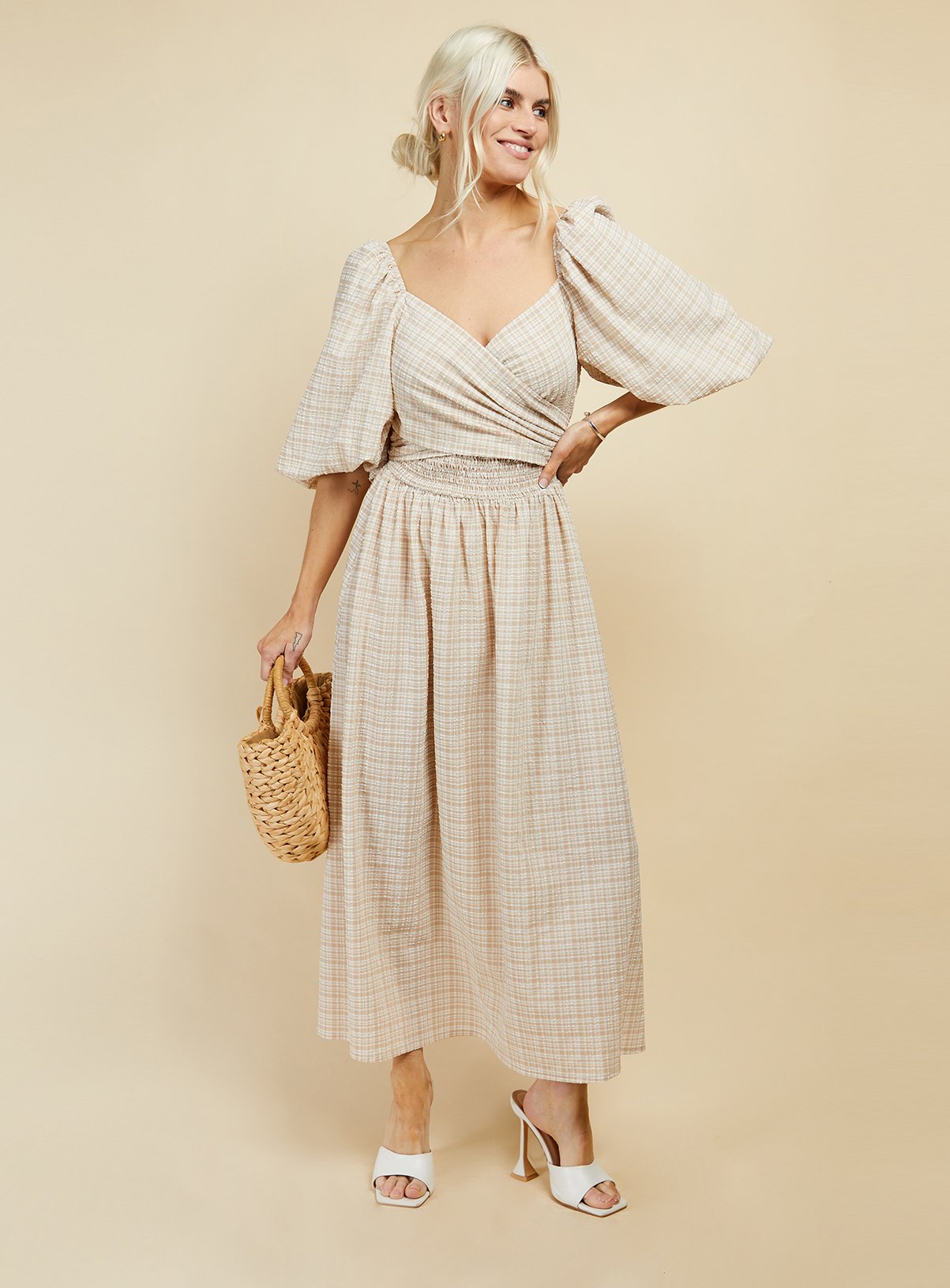 LITTLE MISTRESS Beige Check Midaxi Dress 