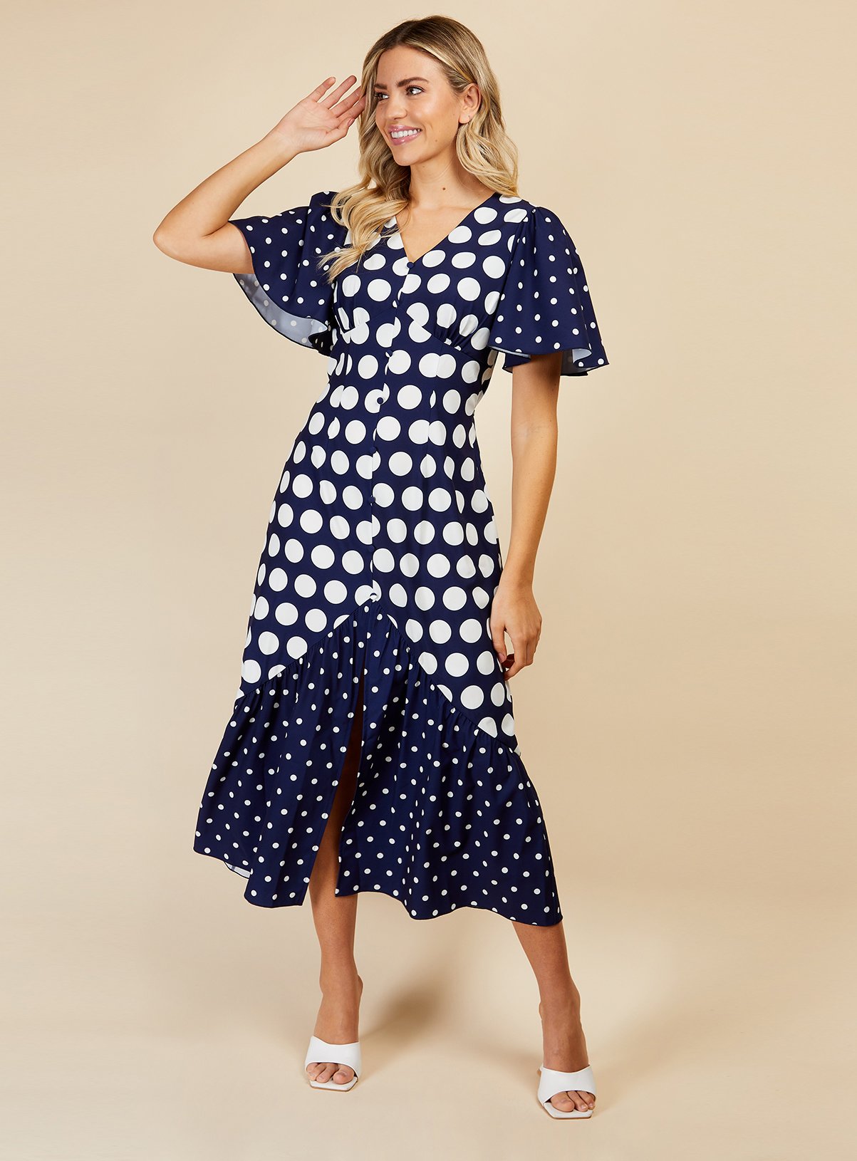 LITTLE MISTRESS Navy Spot Angel Sleeve Midaxi Dress 