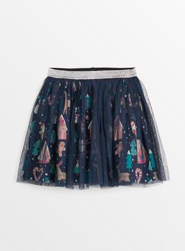 Navy Mesh Christmas Design Tutu Skirt 