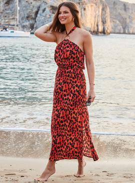 SOSANDAR Red Leopard Print Halter Neck Sunshine Dress 