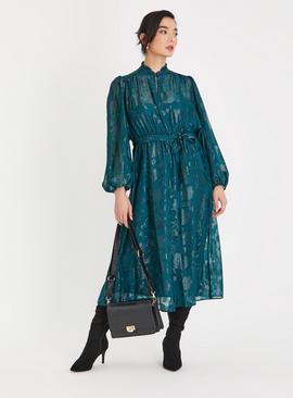 Green Jacquard Floral Belted Midi Dress 