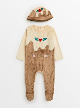 Brown Christmas Pudding Velour Sleepsuit & Hat 