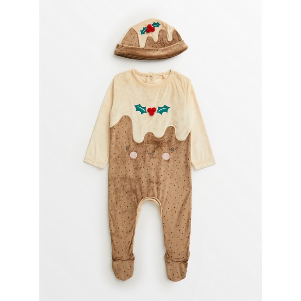 Buy Brown Christmas Pudding Velour Sleepsuit Hat 6 9 months