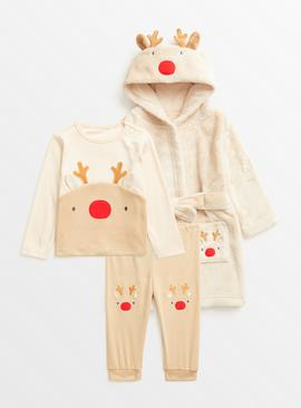 Beige Rudolph Reindeer Pyjamas & Dressing Gown 