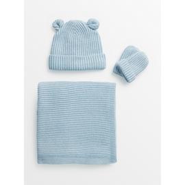 Blue Knitted Blanket, Hat & Mittens Gift Set One Size
