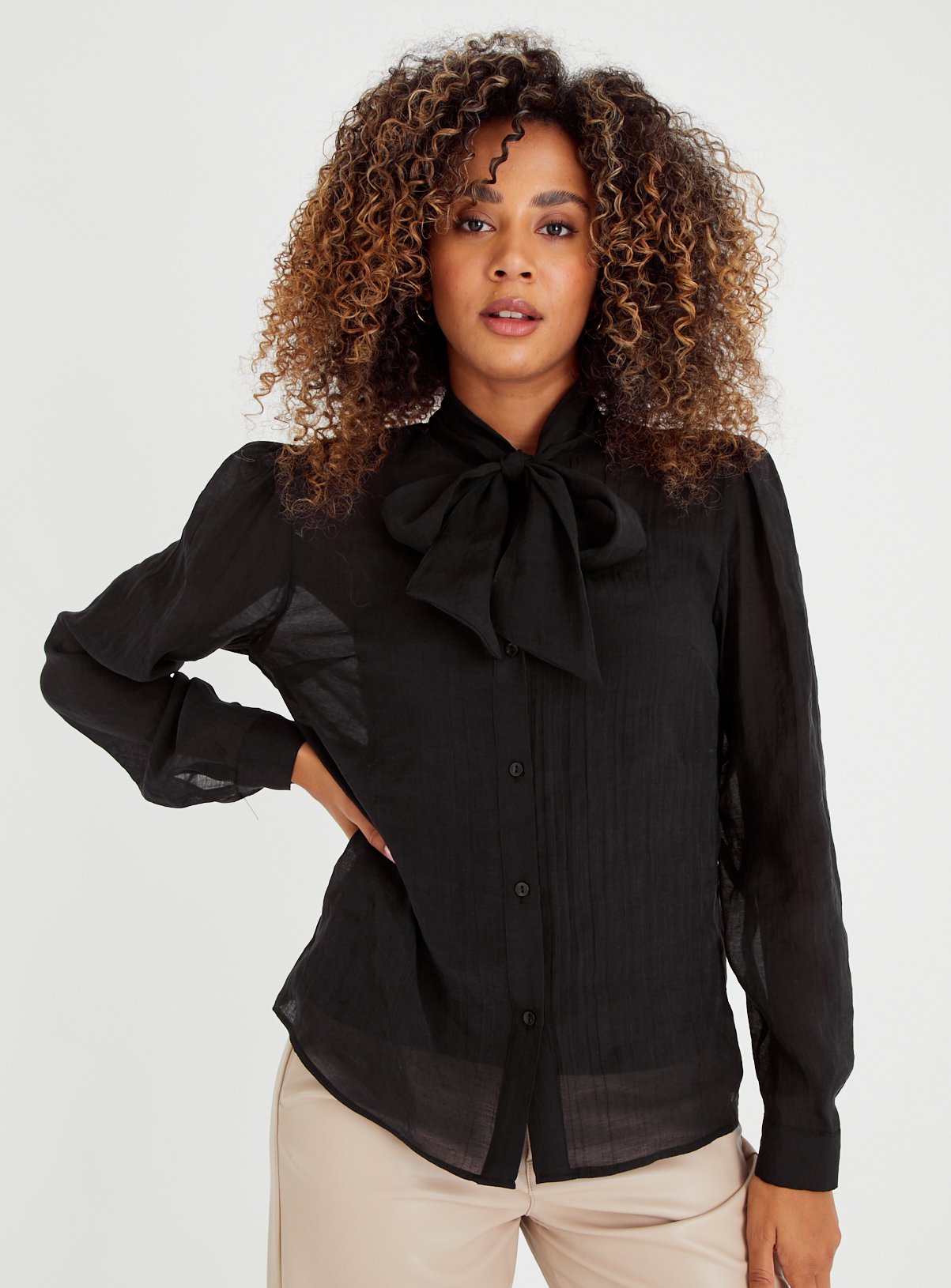Black Tie-Front Sheer Blouse  