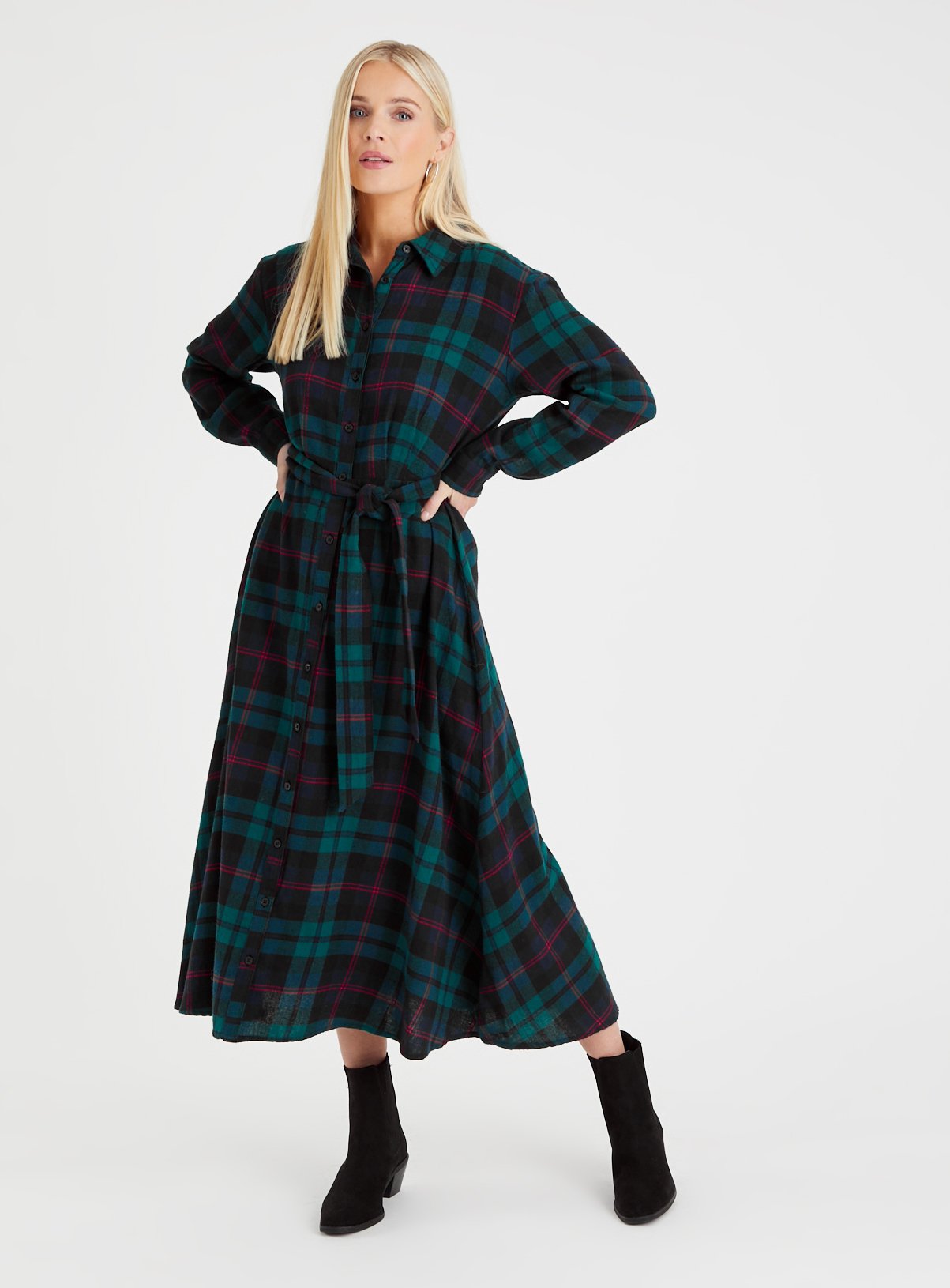 Green Check Midi Shirt Dress 