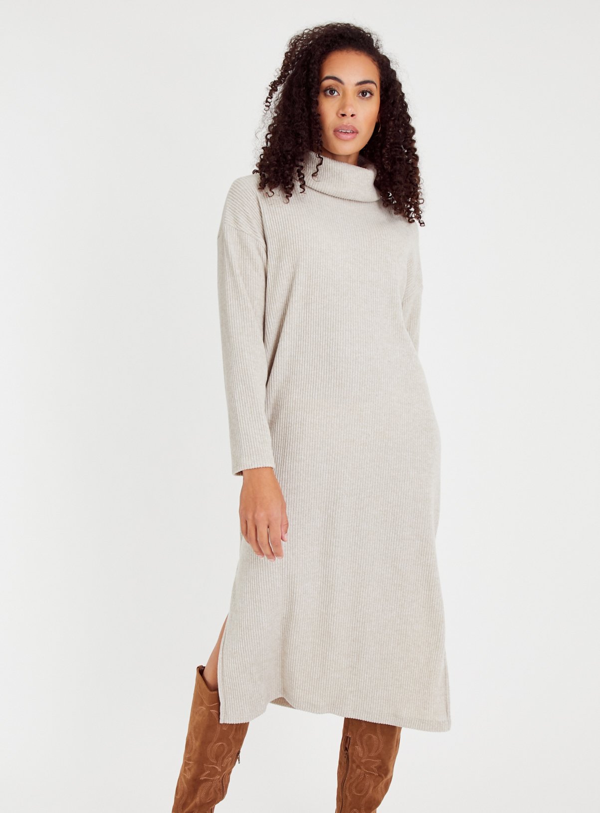Neutral Roll Neck Soft Touch Jumper Dress 