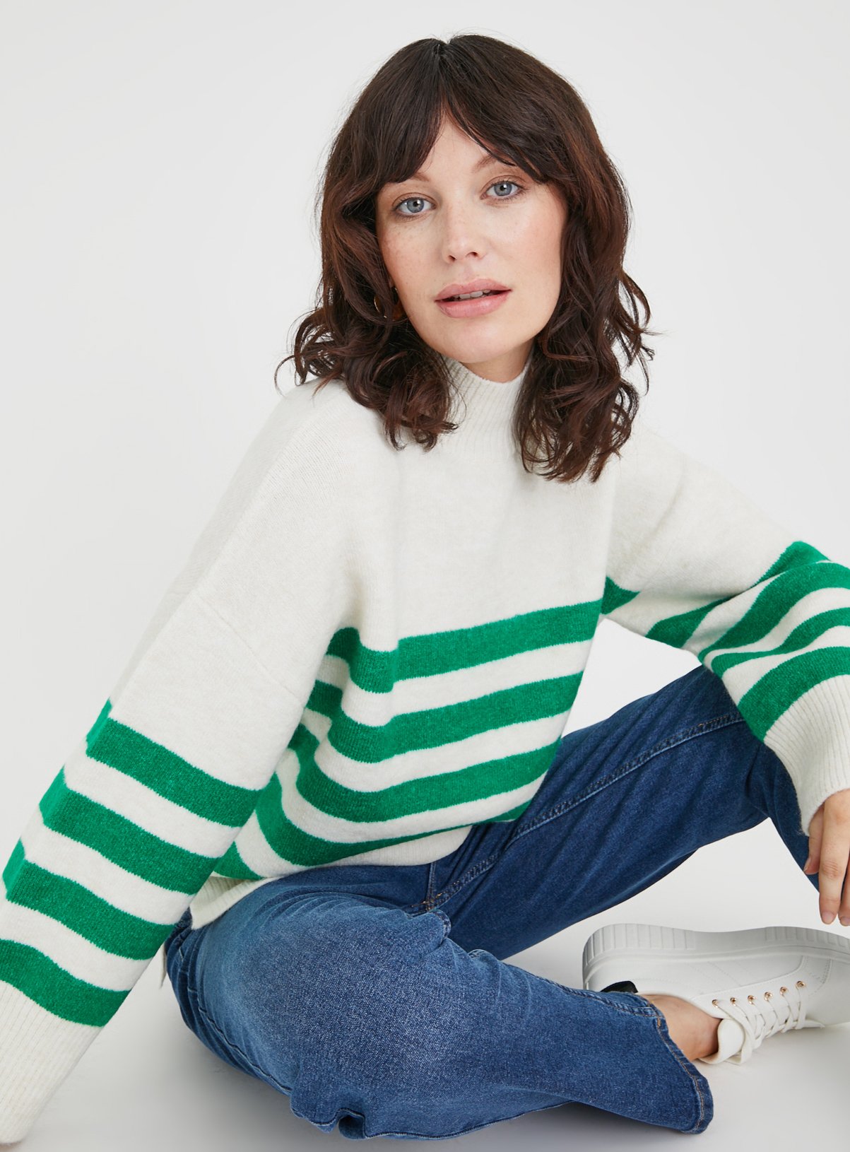White & Green Stripe High Neck Jumper 