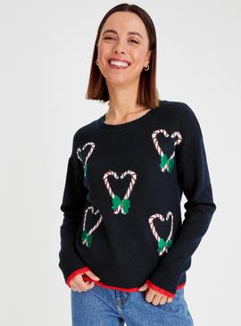 Navy Candy Cane Heart Christmas Jumper 