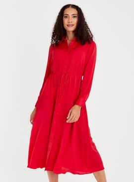 Red Satin Midi Shirt Dress 