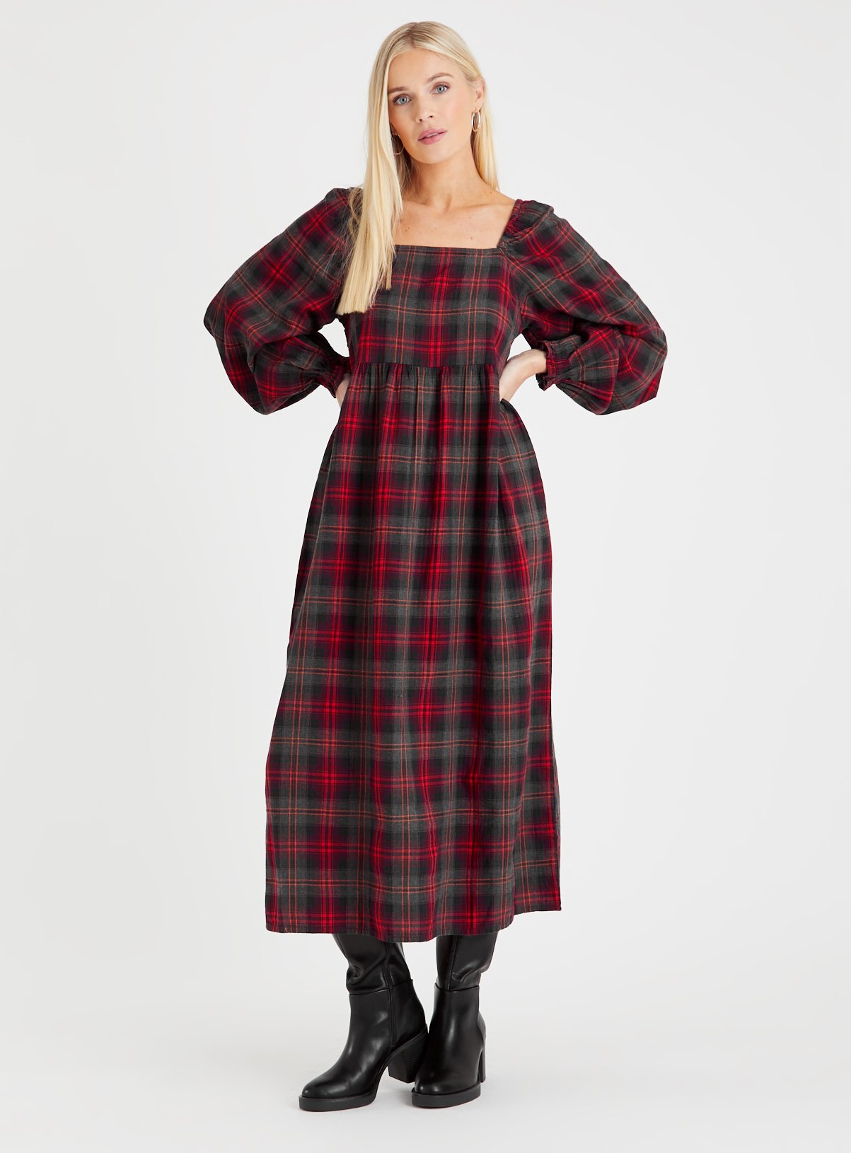 Red Check Puff Sleeve Midi Dress 