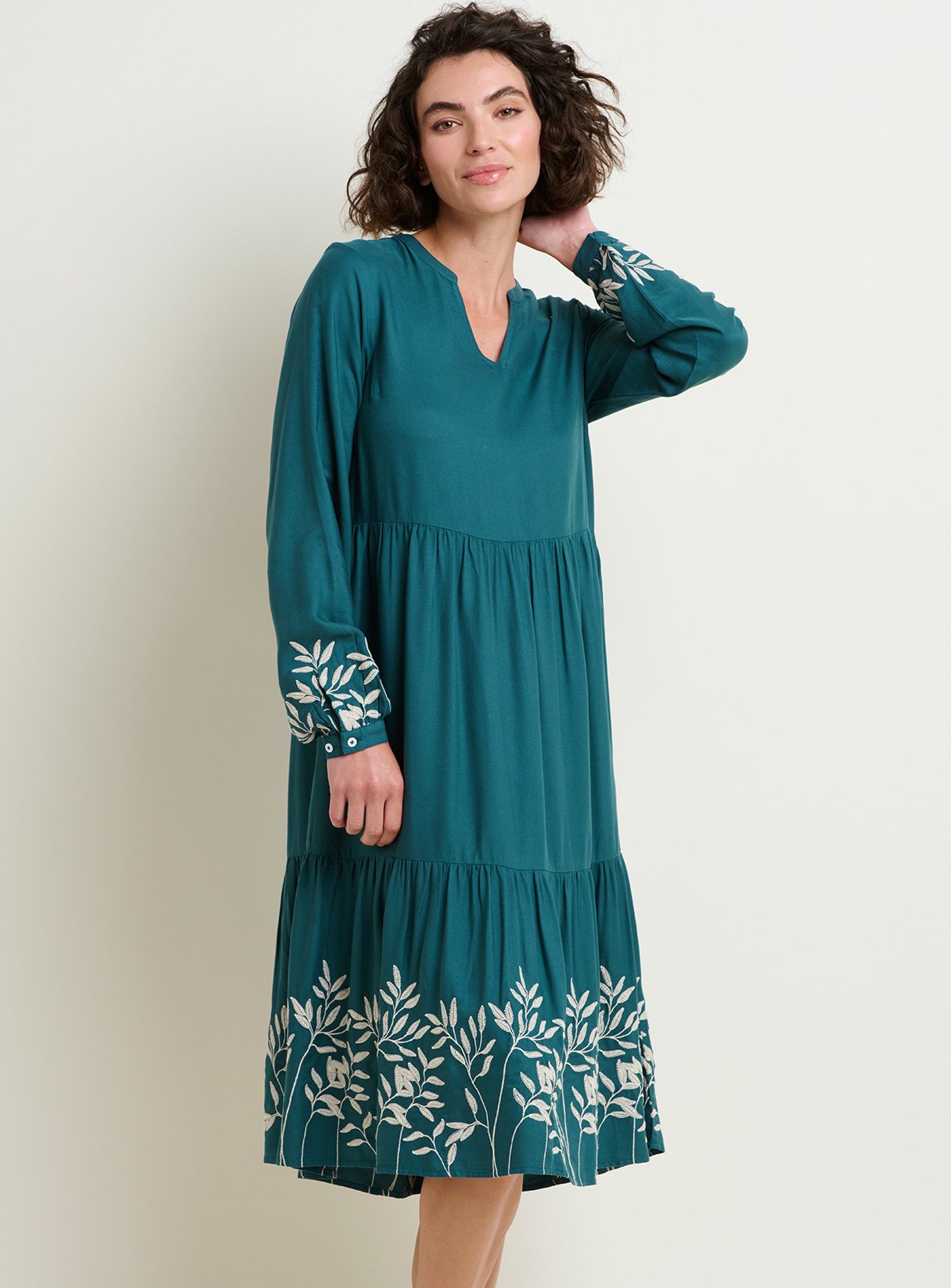 BRAKEBURN Anwen Embroidered Sleeve & Hem Midi Dress