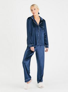 Navy Velvet Traditional Pyjamas With Scrunchie 