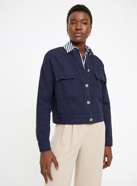 Navy Collarless Jacket With Linen 