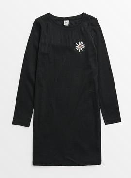 Black Daisy Ribbed Long Sleeve Dress 
